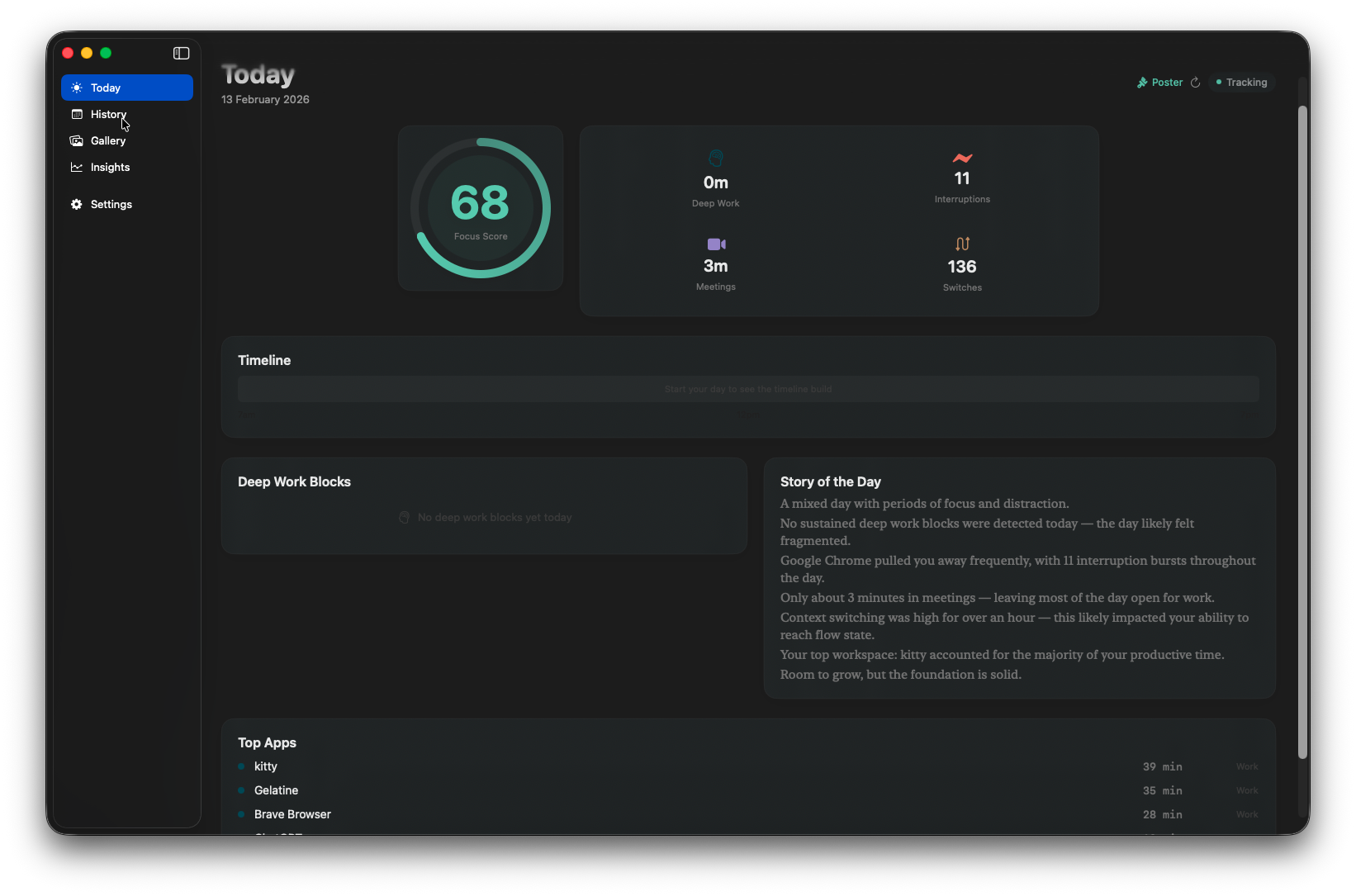 Today view — focus score, metrics, timeline, AI narrative