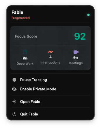 Menu bar popup — focus score and quick actions