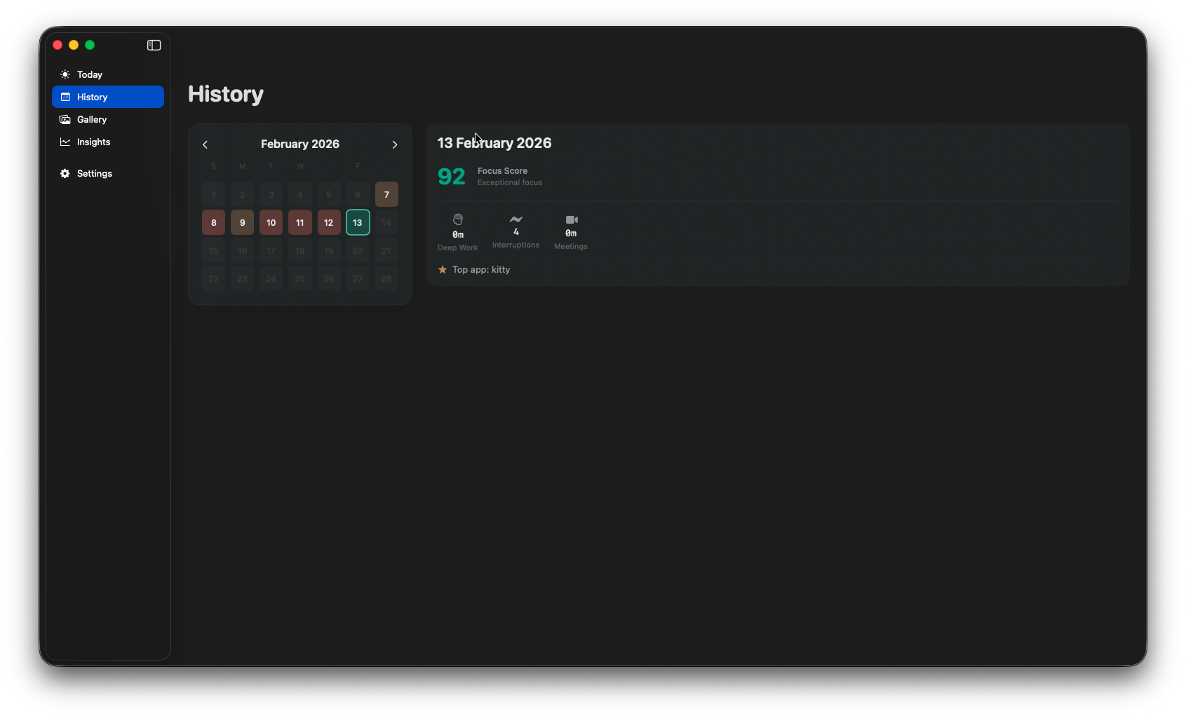 History — color-coded calendar with day detail