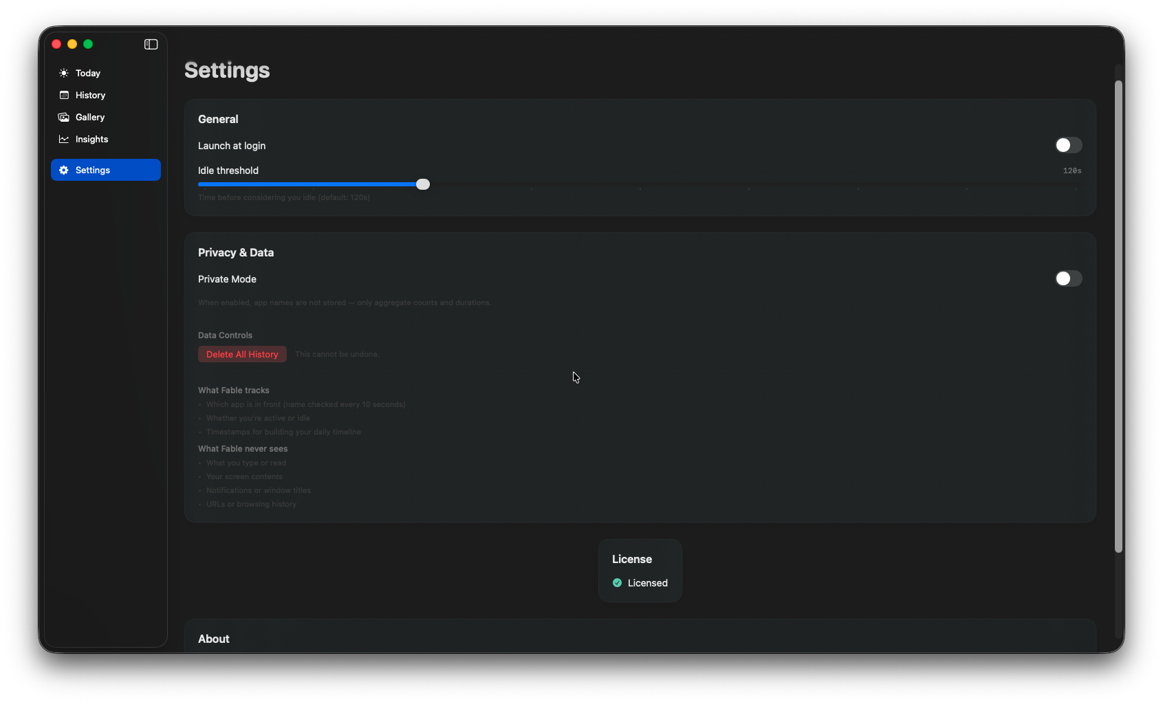 Settings — privacy, idle threshold, license