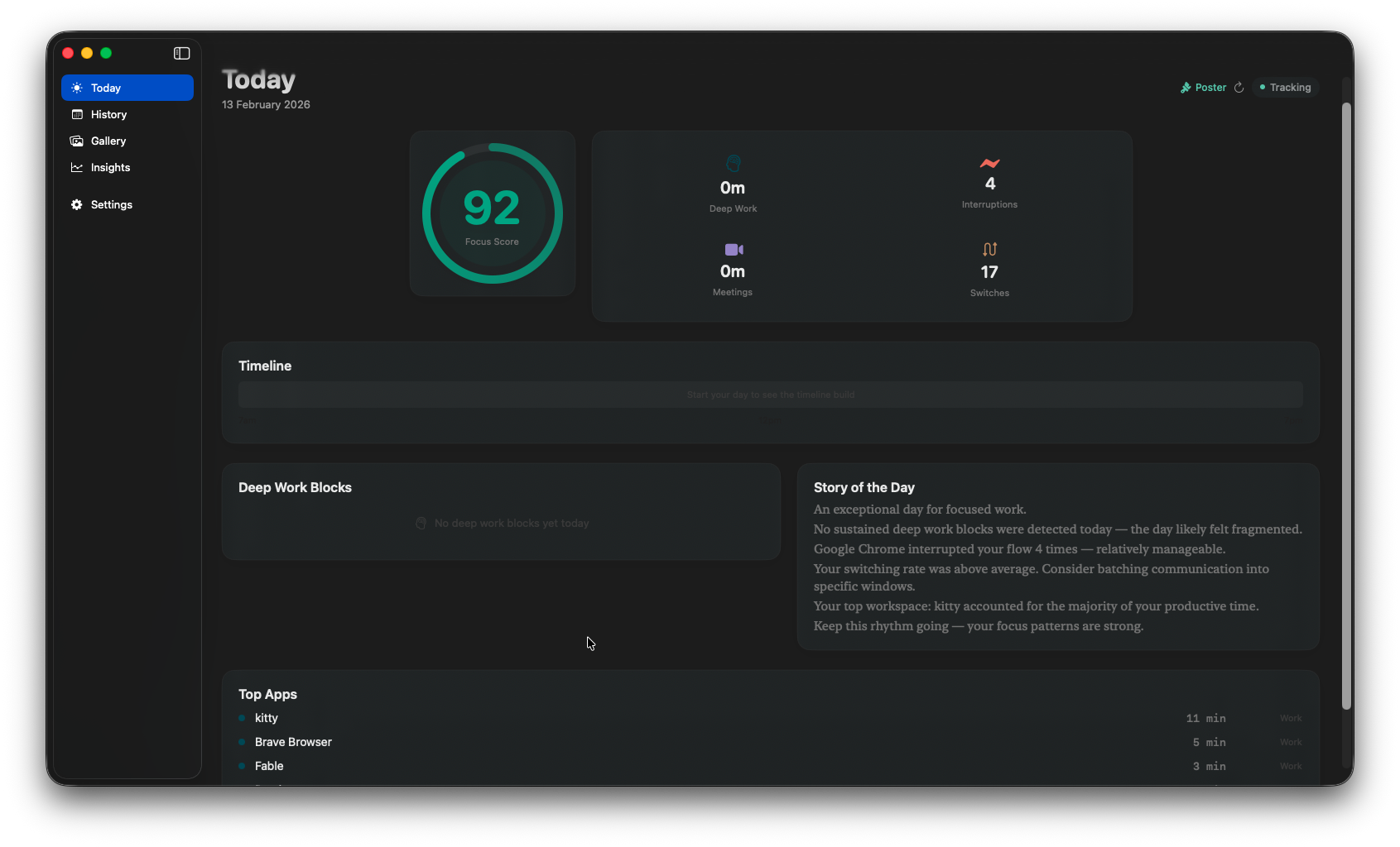 Today view — score 92, top apps, story of the day